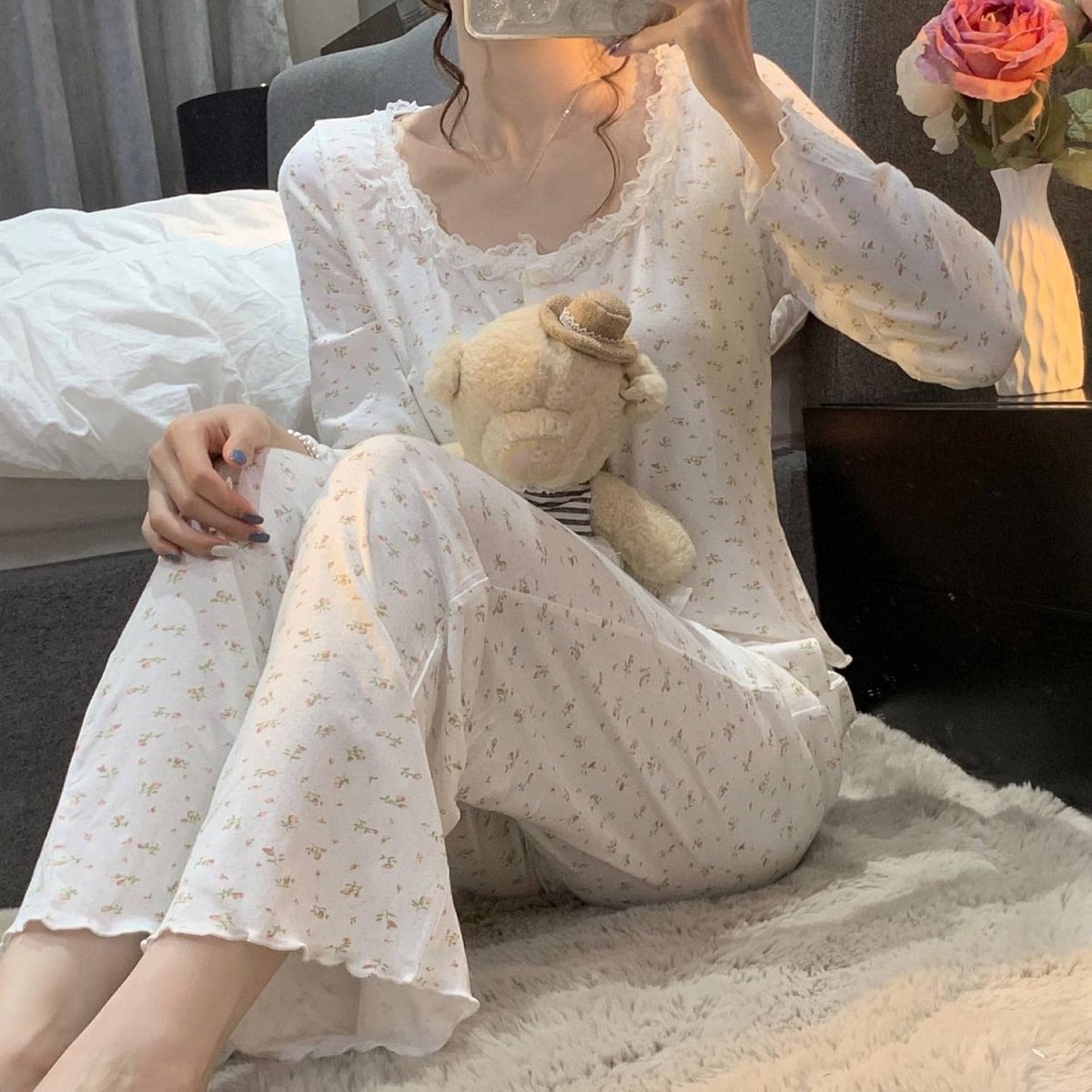 Zoete Kanten Pyjama Set Met Ronde Hals - Effen Homewear Set Voor Dames,Prinses Windkatoen Jacquard Loungewear Tweedelige Set,Dames Lange Mouwen Ruches Nachtkleding Homewear,Foto Kleur,One Size