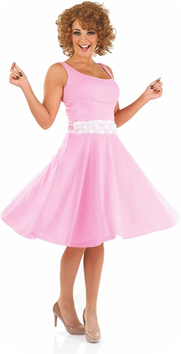 Shack Roze Dansjurk voor Dames, Retro Jaren 50 Outfit met Witte Veterriem en Bruine Krullenpruik, Rockabilly Verkleding, XL