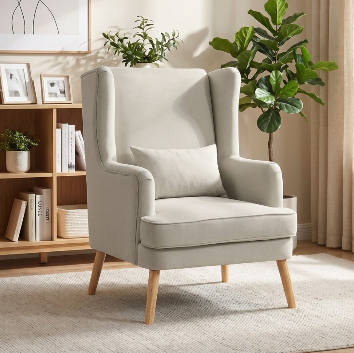 REDOM Fauteuil - Hoge rugleuning - Brede zitting met lendekussen - Houten poten en armleuningen - Scandinavische stijl - Stof met linnenlook - Woonkamer - Beige - 77 x 77 x 110 cm
