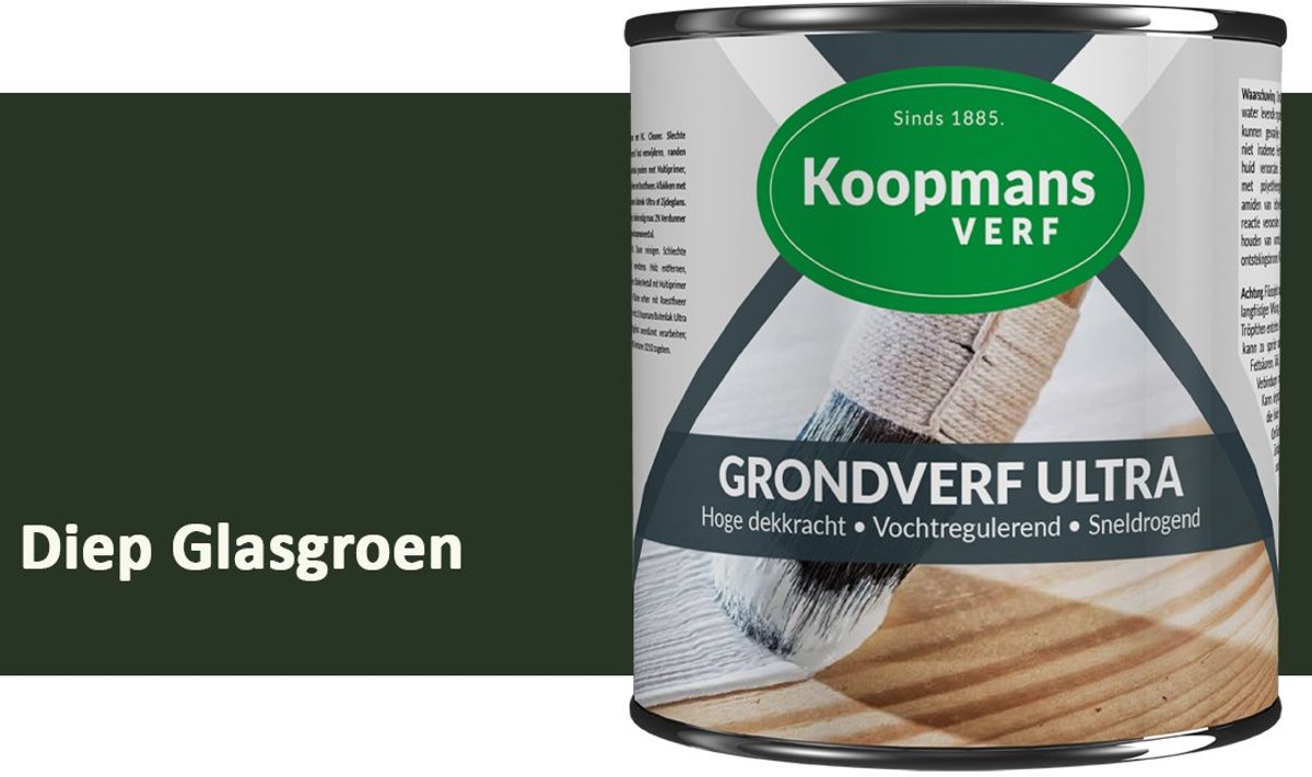 Koopmans Grondverf Ultra – Grondverf Hout & Metaal Binnen en Buiten – Vochtregulerende Primer – Hoge Dekking – Zijdeglans – Diep Glasgroen – 750 ml