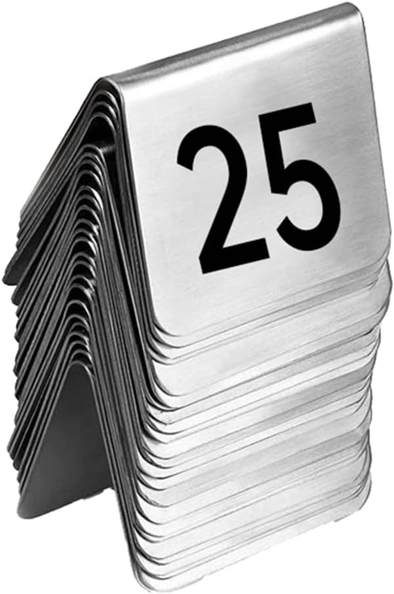 25 stuks roestvrijstalen tafelnummerborden, 1-25 tafelkaarten, bruiloft, plaatskaarten, tafeldecoratie, dubbelzijdige zwarte cijfers, stapelbare tafelnummerkaarten voor restaurants en bars