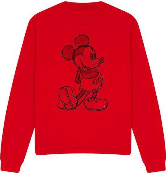 Rode trui met een schets van Mickey Mouse.