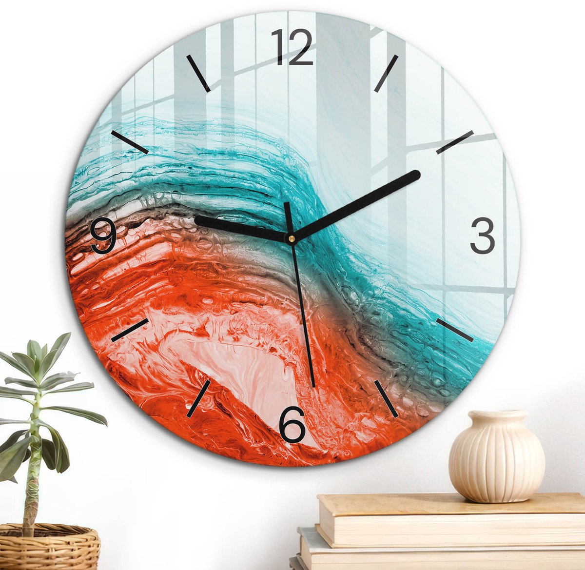 ArtPrintCave Rood Glazen Klok - Wandklok 30 cm - Muurklok Rond - Kleurrijke Golven Wandklok Keuken - Kunst Unieke Klok - Zwarte Klokwijzers