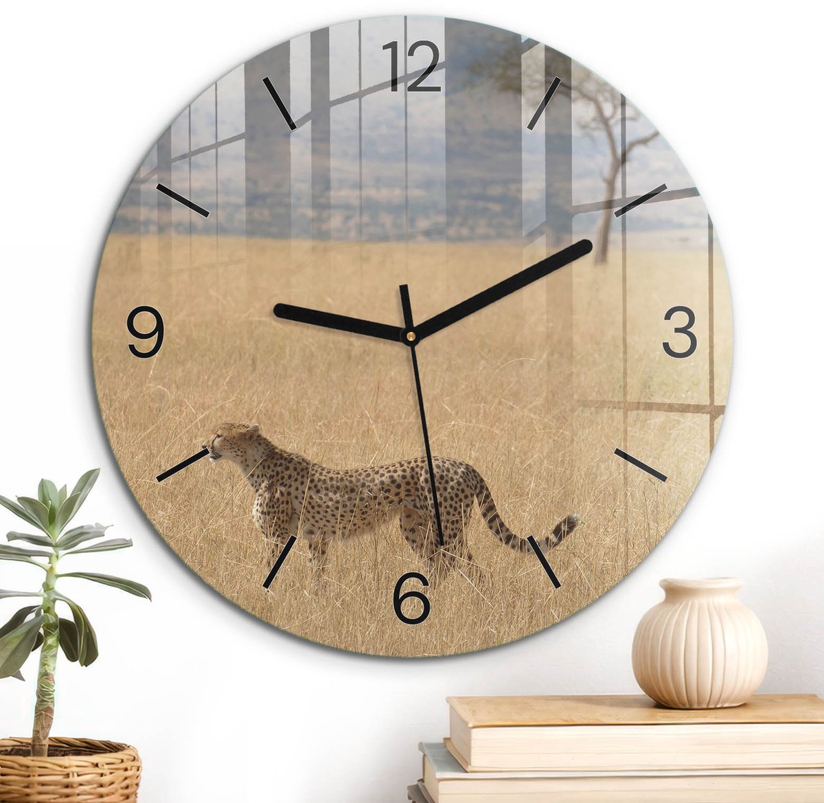 ArtPrintCave Beige Glazen Klok - Wandklok 30 cm - Muurklok Rond - Savannah Avontuur Unieke Klok - Dieren Stille Wandklok - Zwarte Klokwijzers