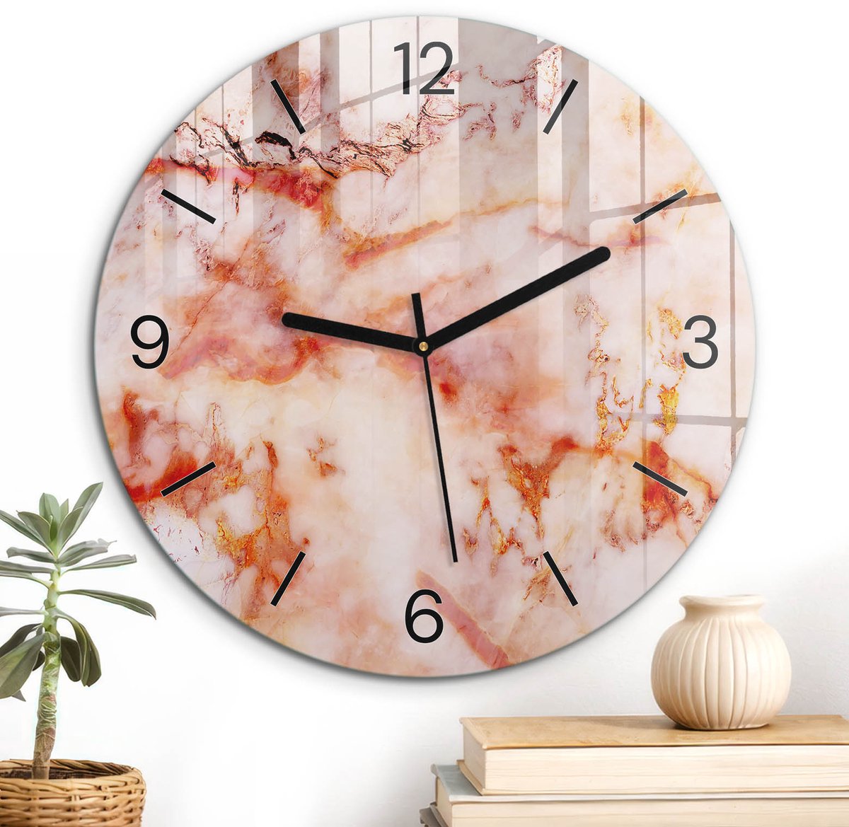ArtPrintCave Beige Glazen Klok - Wandklok 30 cm - Muurklok Rond - De Elegantie Van Marmer Stille Wandklok - Abstractie Wandklok Keuken - Zwarte Klokwijzers