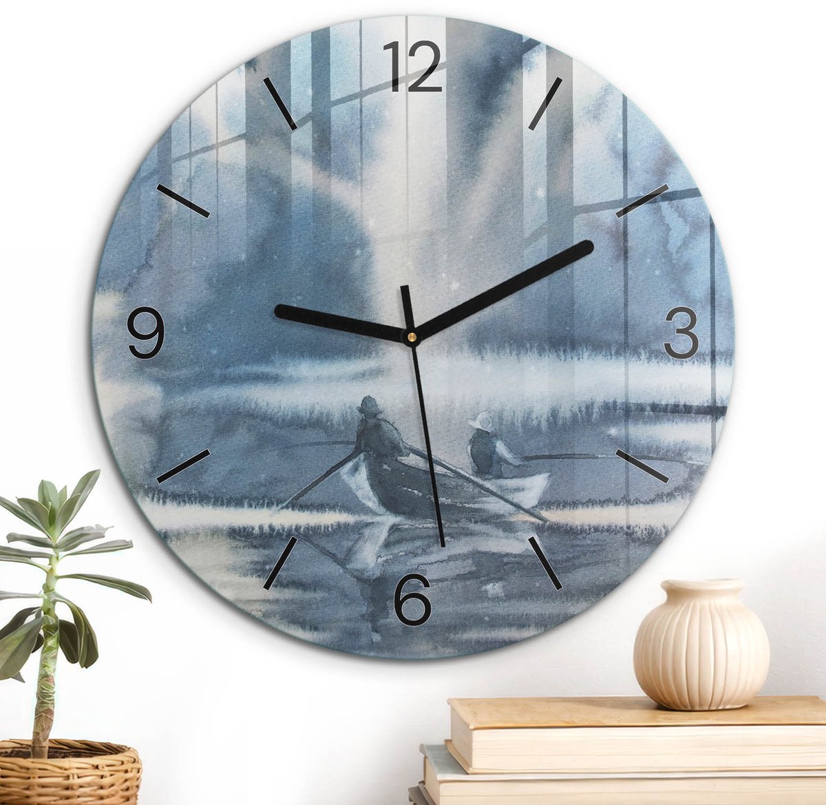ArtPrintCave Blauw Glazen Klok - Wandklok 30 cm - Muurklok Rond - Winterreis Wandklok Keuken - Kunst Unieke Klok - Zwarte Klokwijzers