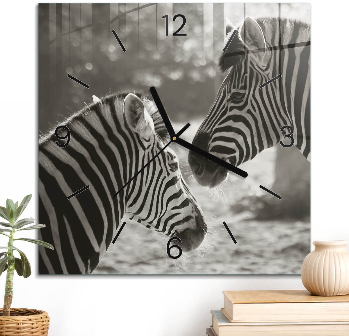 ArtPrintCave Zwart-wit Glazen Klok - 30x30 cm - Wandklok Vierkant - Zebra-Portret Stille Wandklok - Natuur Wandklok Keuken - Zwarte Klokwijzers