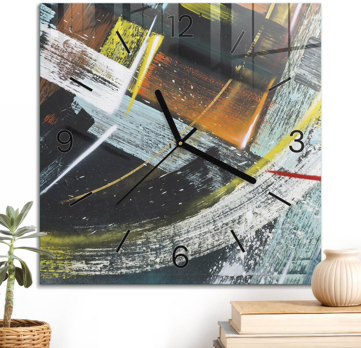 ArtPrintCave Turkoois Glazen Klok - 30x30 cm - Wandklok Vierkant - Kleurrijke Abstractie Wandklok Keuken - Kunst Unieke Klok - Zwarte Klokwijzers