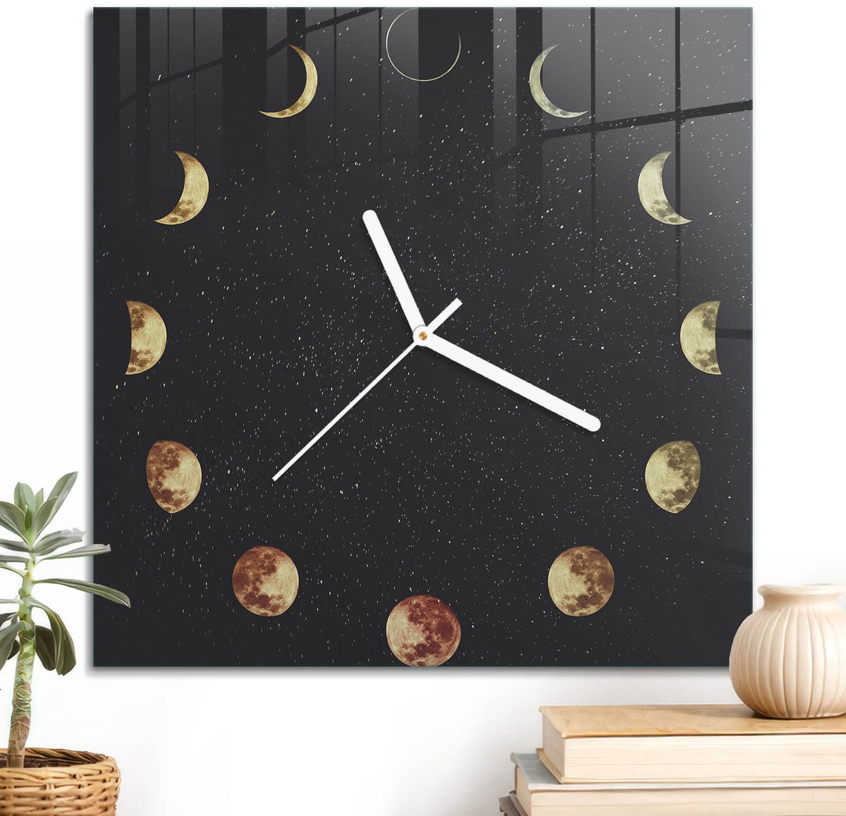 ArtPrintCave Zwart Glazen Klok - 30x30 cm - Wandklok Vierkant - Maanfasen Stille Wandklok - Abstractie Wandklok Keuken - Witte Klokwijzers
