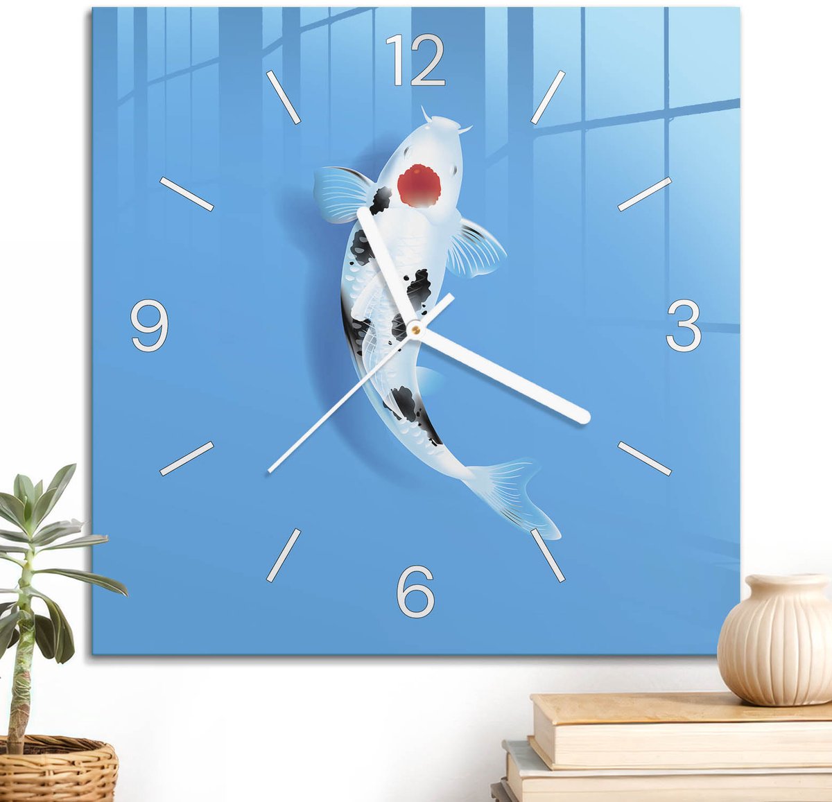 ArtPrintCave Blauw Glazen Klok - 30x30 cm - Wandklok Vierkant - Koi Karper Wandklok Keuken - Natuur Unieke Klok - Witte Klokwijzers