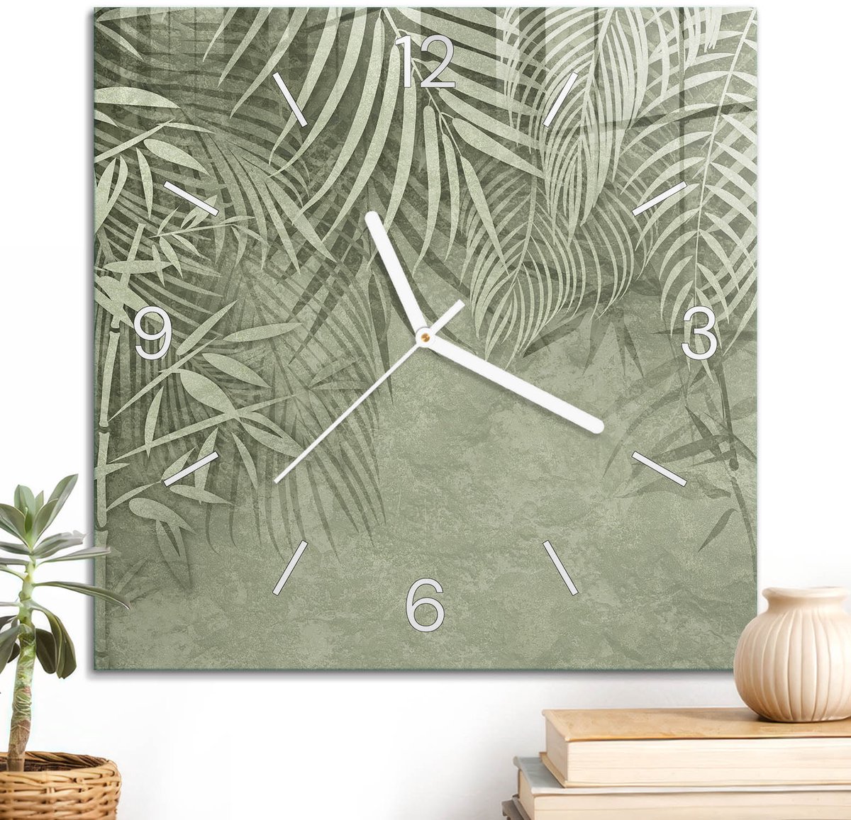 ArtPrintCave Groene Glazen Klok - 30x30 cm - Wandklok Vierkant - Groene Natuur Stille Wandklok - Natuur Wandklok Keuken - Witte Klokwijzers
