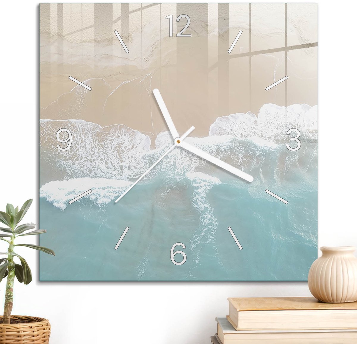 ArtPrintCave Turkoois Glazen Klok - 30x30 cm - Wandklok Vierkant - Rustig Strand Wandklok Keuken - Landschappen Unieke Klok - Witte Klokwijzers