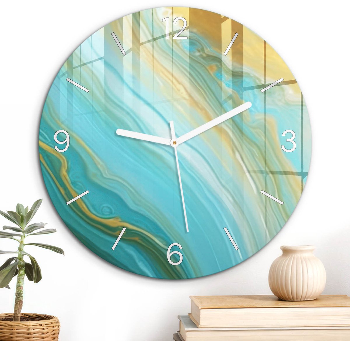 ArtPrintCave Turkoois Glazen Klok - Wandklok 30 cm - Muurklok Rond - Kleurrijke Wervelingen Stille Wandklok - Achtergronden En Patronen Wandklok Keuken - Witte Klokwijzers