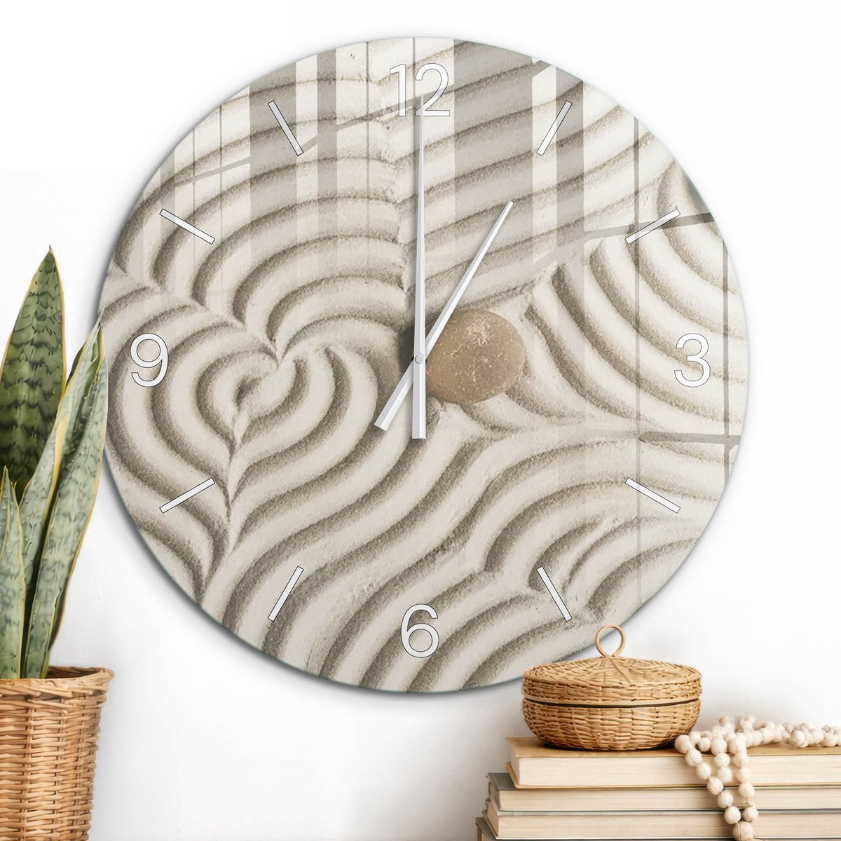 ArtPrintCave Beige Glazen Klok - Wandklok 60 cm - Muurklok Rond - Zen-Scène Unieke Klok - Abstractie Stille Wandklok - Witte Klokwijzers