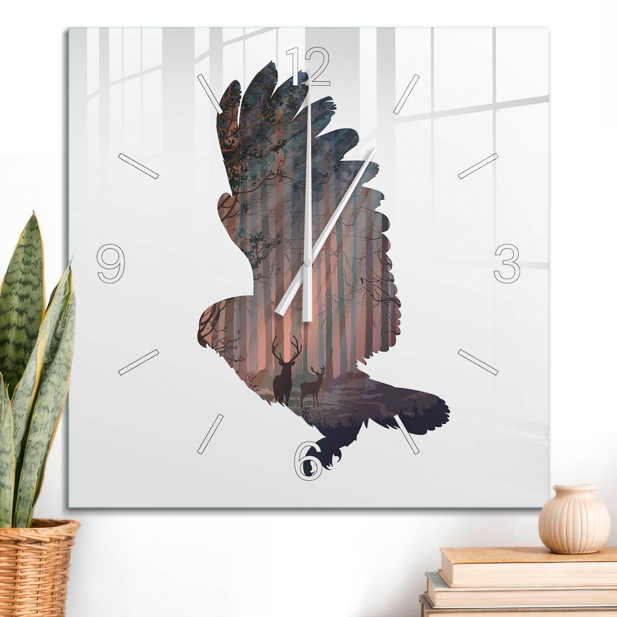 ArtPrintCave Zwart Glazen Klok - 60x60 cm - Wandklok Vierkant - Bosarend Unieke Klok - Natuur Stille Wandklok - Witte Klokwijzers