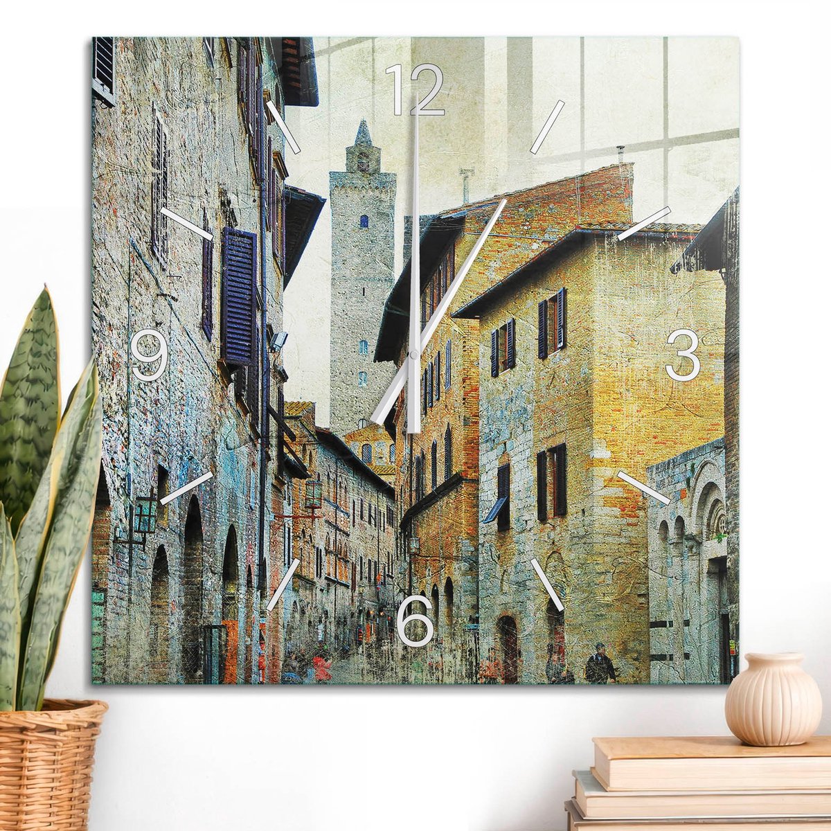 ArtPrintCave Bruin Glazen Klok - 60x60 cm - Wandklok Vierkant - Italiaanse Straat Stille Wandklok - Steden Wandklok Keuken - Witte Klokwijzers