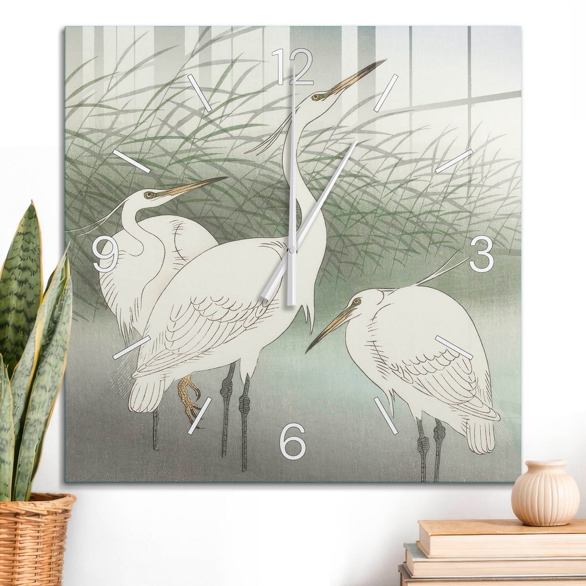 ArtPrintCave Wit Glazen Klok - 60x60 cm - Wandklok Vierkant - Vogels Van Het Gras Unieke Klok - Dieren Stille Wandklok - Witte Klokwijzers