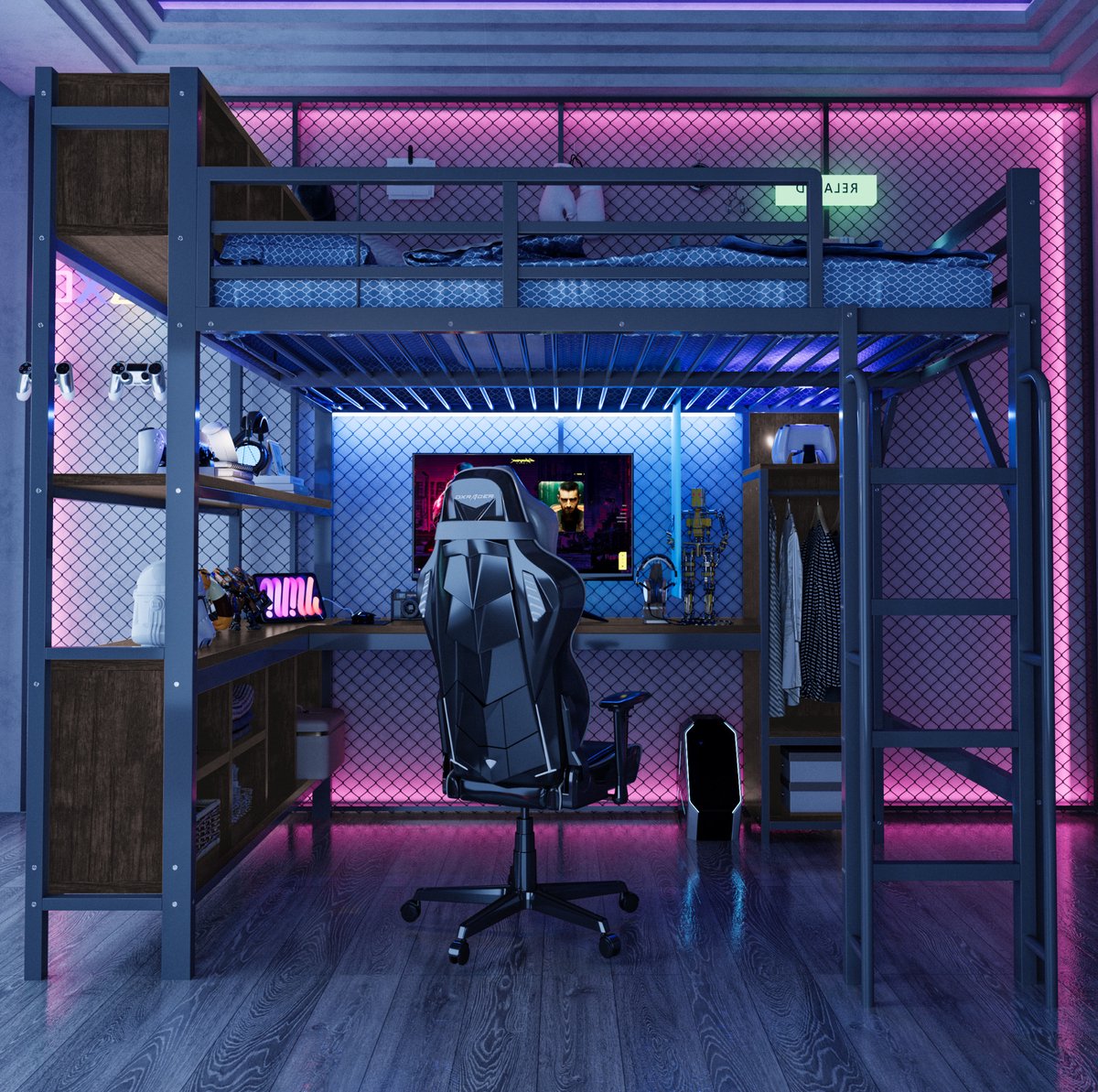 MODENUIT Hoogslaper - Met Bureau en Kledingkast - 140 x 200 cm - Metaal en MDF - Zwart - LED-Verlichting en Opbergruimte