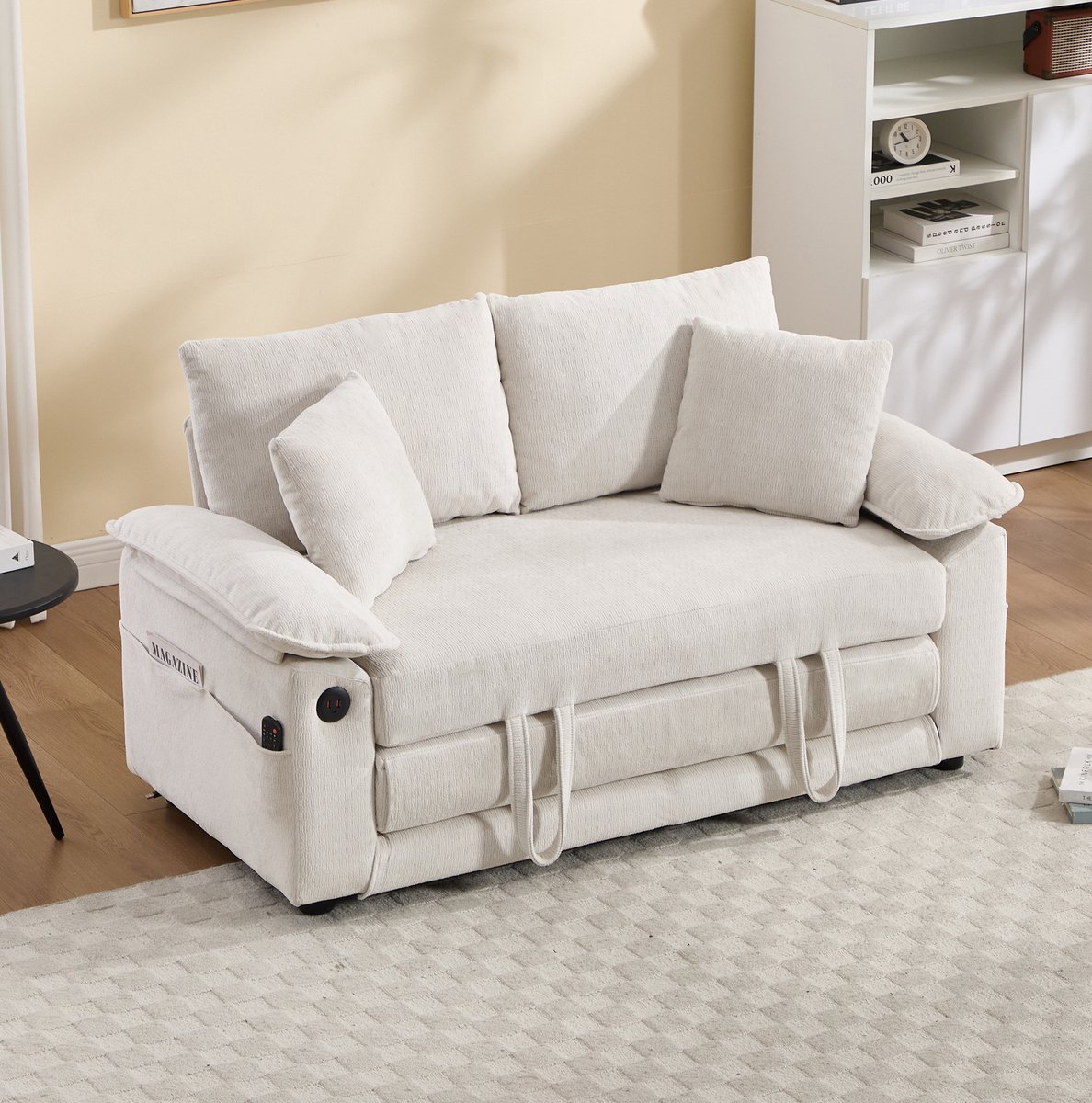 DESMIU Slaapbank 135 cm - Drie Functies Opklapbare Futon Met Zijvakken - 2-Zits Voor Woonkamer En Slaapkamer - Chenille Wit