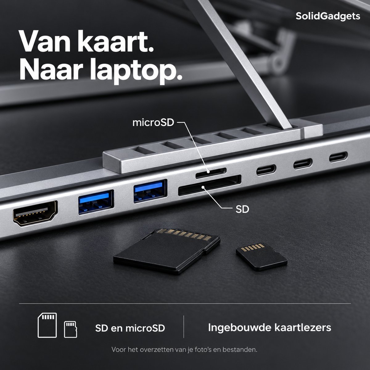 SolidGadgets 2-in-1 Laptopstandaard & USB-C Docking Station 8 in1 - HDMI 4K - Aluminium - Ergonomisch Laptopstandaard thumbnail 3