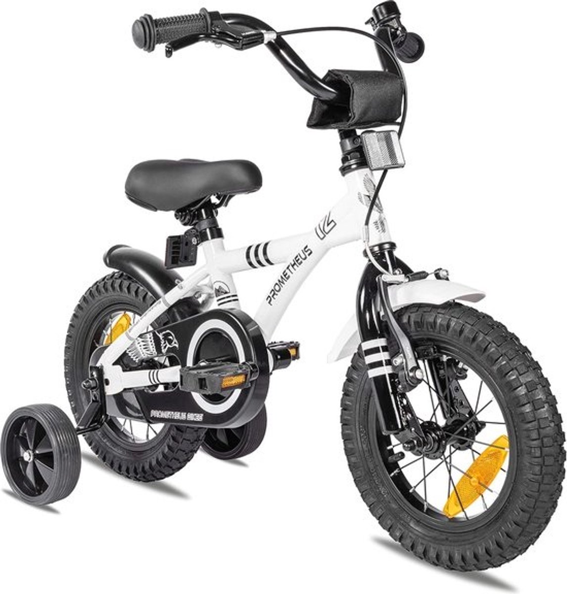 kinderfiets 12 inch fiets jongens meisjes van 3 jaar met zijwieltjes terugtraprem in wit BMX