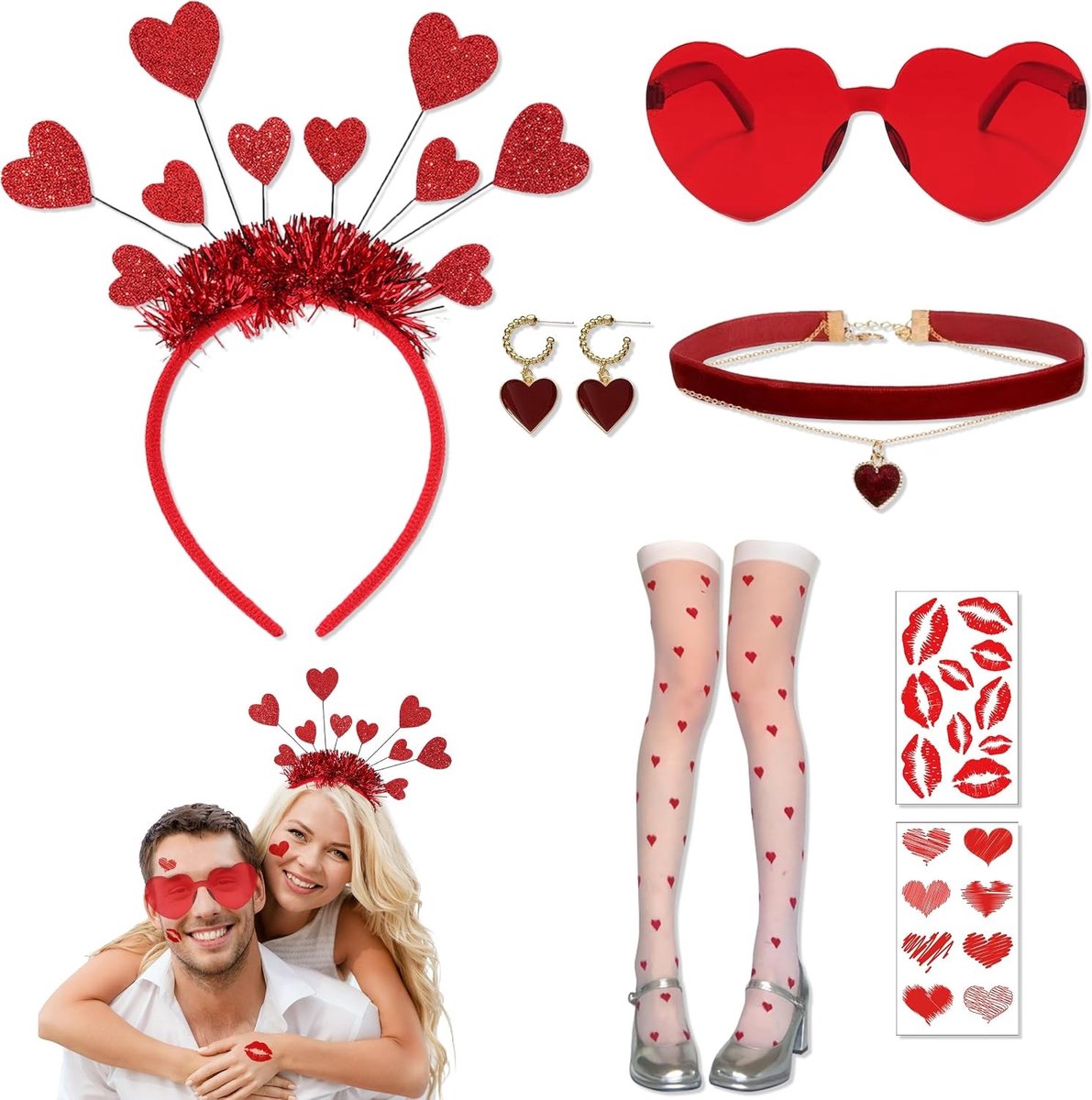 Vrouwelijk Cupido Kostuum met 7 Accessoires, Rood Hart Haarband, Hart Bril, Sokken, Ketting en Oorbellen voor Valentijnsdag en Carnaval Feest