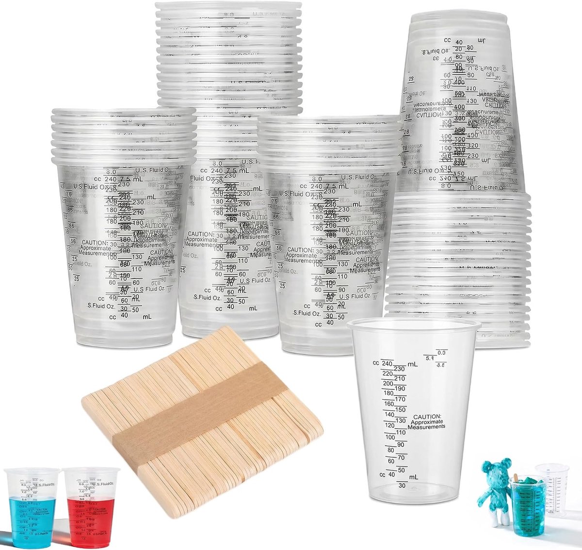 Maatbekers epoxyhars, 240 ml epoxyhars, mengbekers voor eenmalig gebruik, lakmengbeker met schaal met 100 roerstaafjes, herbruikbaar, voor vloeistoffen, mengen van hars, verf, pigment