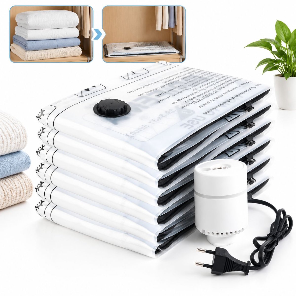 VHV Vacuumzakken - 40cm*40cm - Krachtige compressie - Gratis elektrische luchtpomp inbegrepen - Set van 6 vacuum opbergzakken - Herbruikbare compressiezak - Ideal voor seizoensopslag Wit