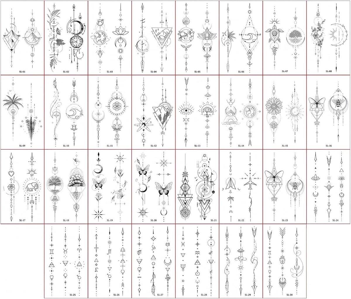 Tijdelijke tatoeages voor volwassenen, minimalistische nep-tattooset, SL-serie, waterdichte zelfklevende tatoeages voor dames en heren, 5,7 x 9,7 cm, body art stickers voor festival