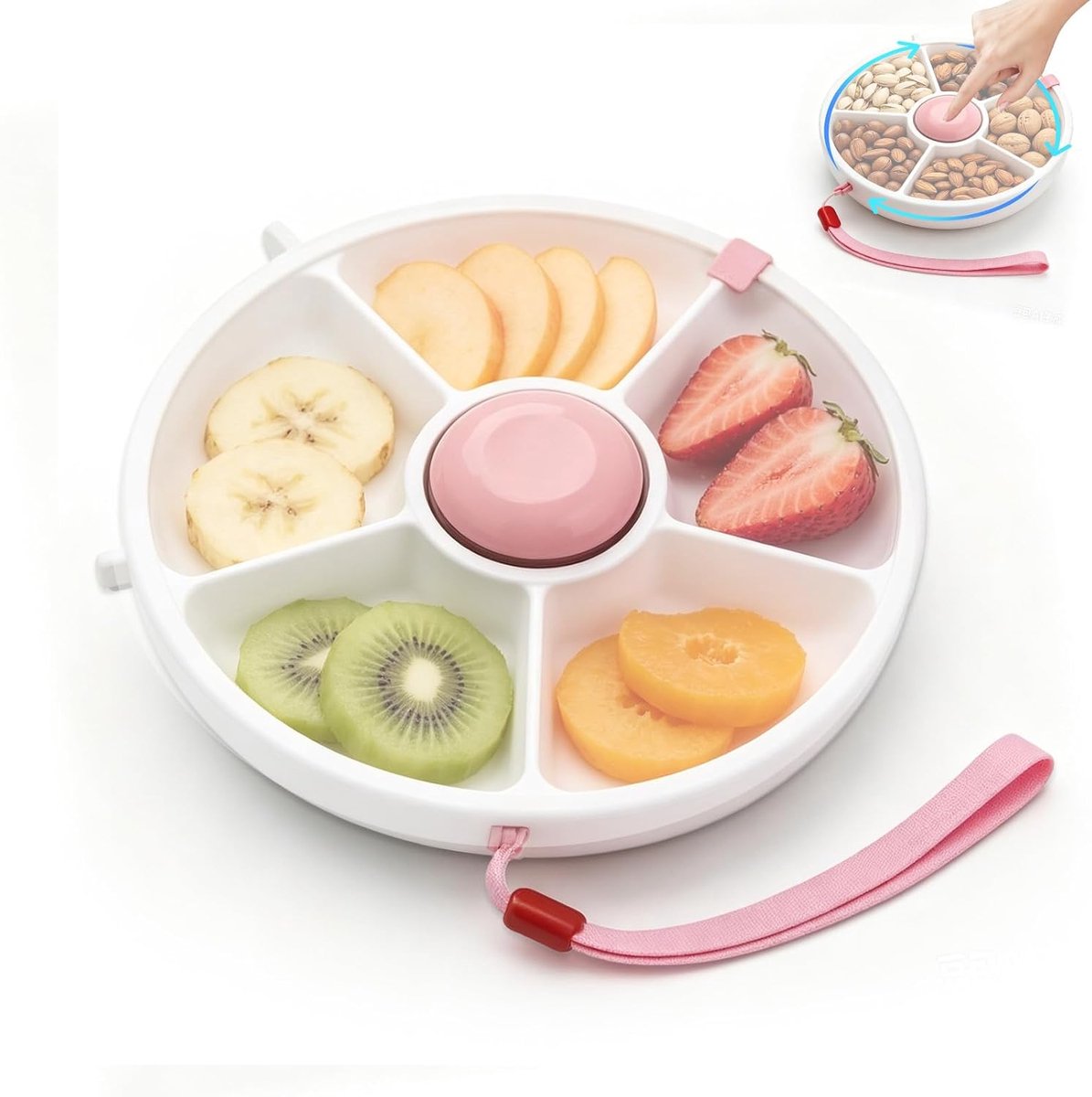 Spinner met knop, snackbox draaibaar met deksel, draagbare snackbox met vakken, roterende opslag, draagbaar, geschikt voor het bewaren van snacks, snoep, koekjes, fruit (roze)