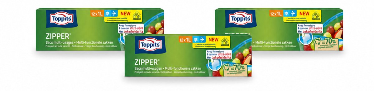 3 x Toppits – Zipper Multifunctionele Zakken – 1 Liter – 12 Zakjes - Voordeelverpakking - 3 stuks