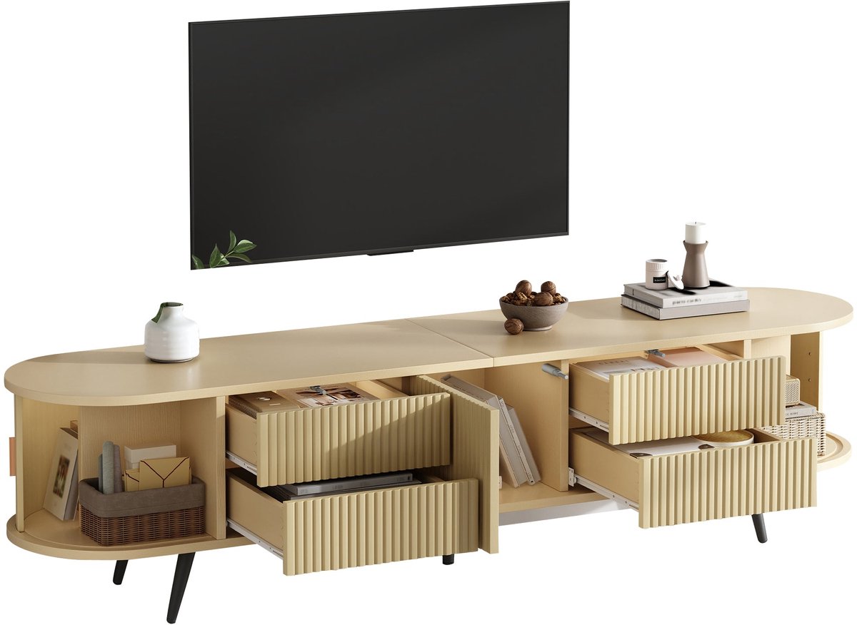 Merax Televisiekast - 180 x 40 x 45 cm - Houtkleur - 4 Lades - Rolschuifdeur - Afgeronde Hoeken - Voor Televisies tot 80 Inch Bruin