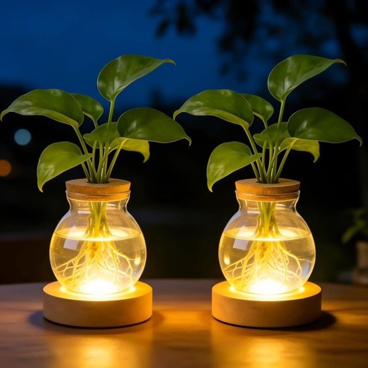 Verlichte Glazen Vazen voor Hydroponische Planten, Dimbare Plant Propagatiestation met Houten Basis, Decoratieve Bloemenvazen voor Tafel en Interieur