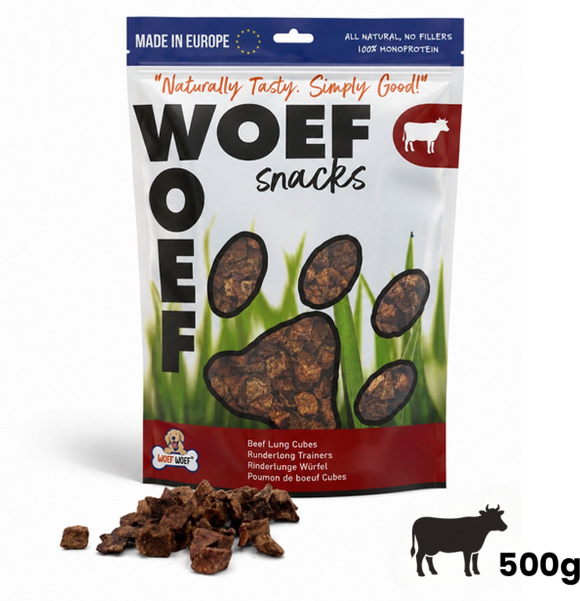 Woef Woef Snacks Hondensnacks Runderlong Trainers 0.50 KG - Trainingsnacks Hondensnoepjes - Gedroogd vlees - Rund - vanaf 3 maanden - Geen toevoegingen
