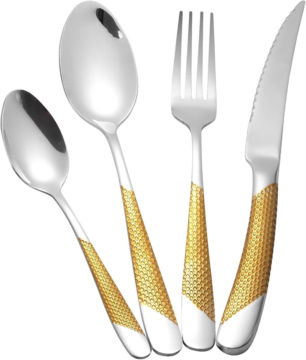 Bestekset 6 personen - Zilver Goud - 24-delig - Gehamerd Roestvrij Stalen Bestek - Voor Dagelijks Gebruik en Feest
