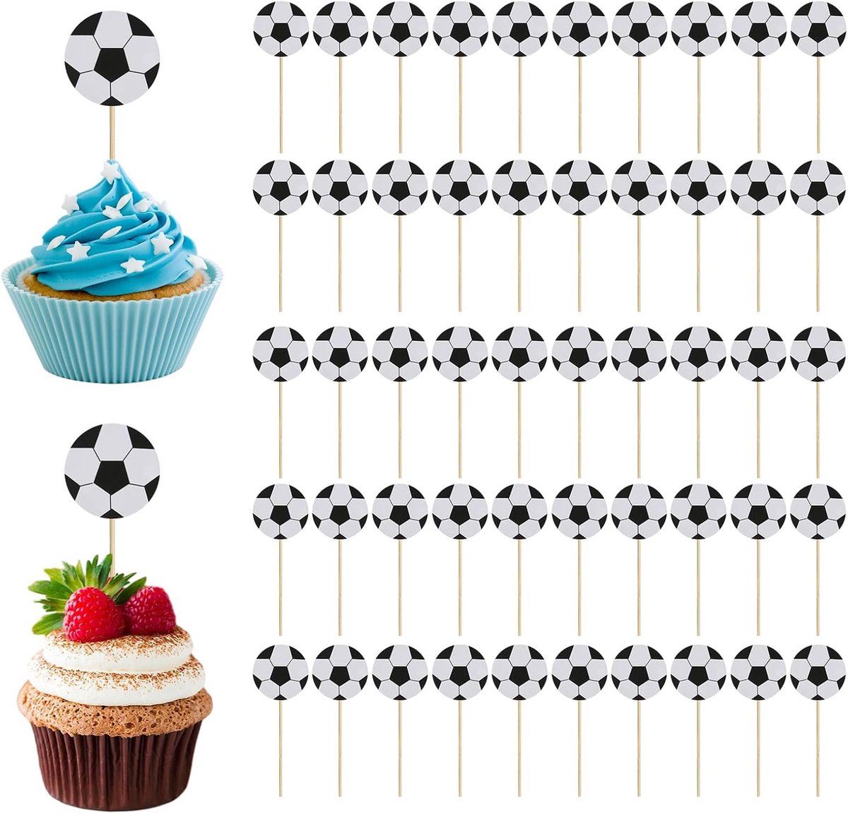 50 stuks voetbaldecoratie, papieren voetbaltaartdecoratie, voetbal, taartdecoratie, taarttoppers, voetbal voor verjaardagsfeest, bruiloftsfeest, voetbalthemafeest