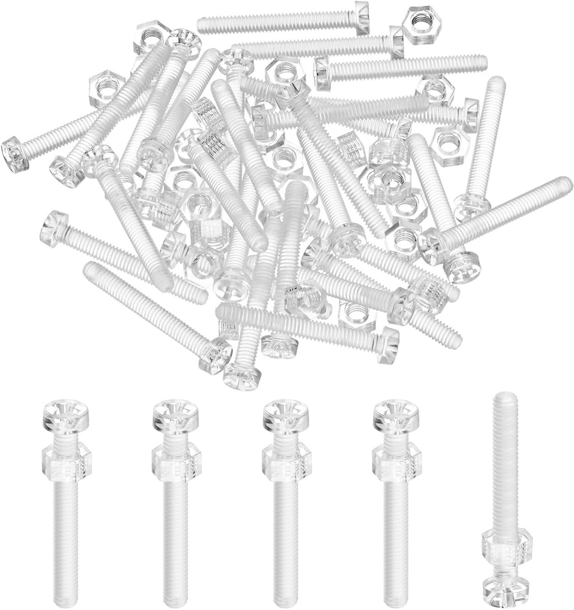 Set van 30 transparante schroeven en zeskantmoeren, M4 x 30 mm, acryl kunststof, kruiskop, ronde kopschroeven, voor machineaccessoires