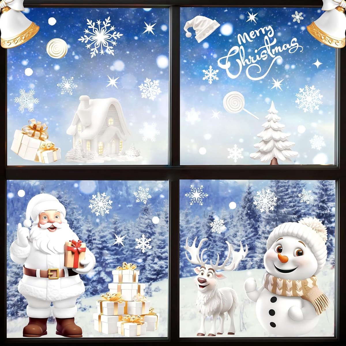 Raamstickers, zelfklevend met kerstman, rendieren, klokken, sneeuwvlokken, huizen, kerstdecoratie voor winter, raam, deurdecoratie (wit)