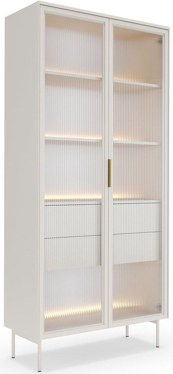 Selsey Lumi – Vitrinekast met 2 lades en LED-verlichting - kasjmiergrijs - 91 cm
