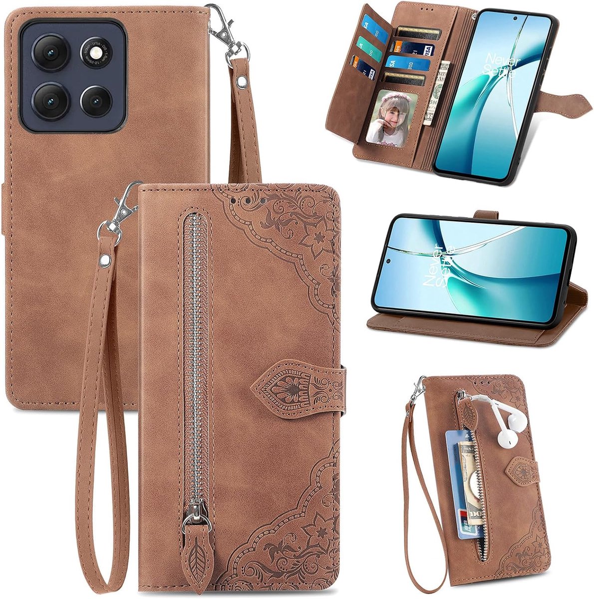 Hoesje voor de Motorola Moto G86, lederen portemonnee flip book cover met kaarthouder, standaard en handband, mooie bloem schokbestendige huid, bruin