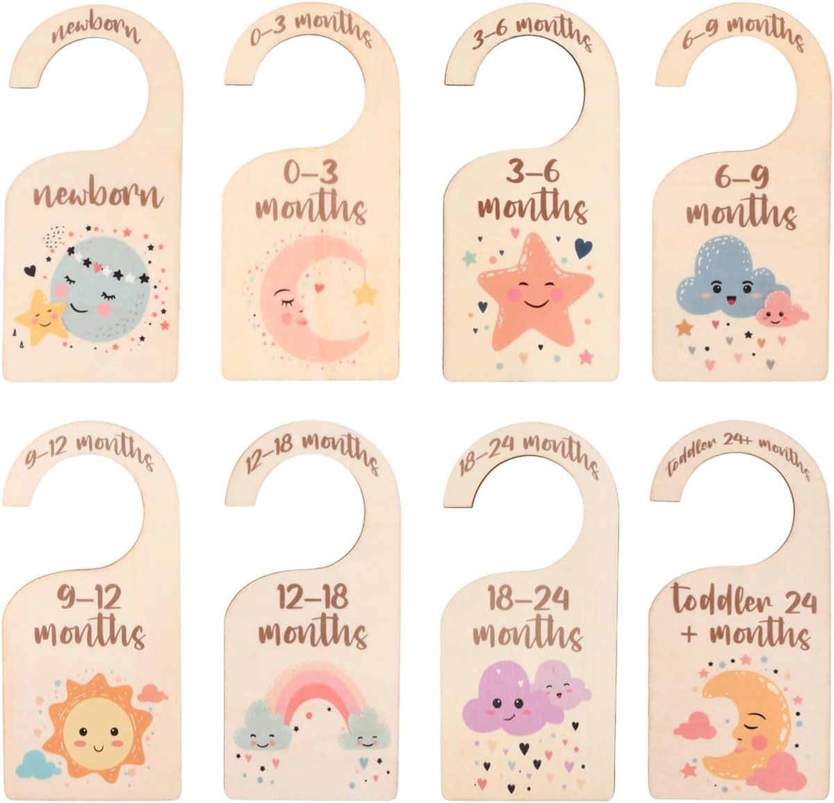 Set van 8 maatscheiders voor babykast, dubbelzijdig bedrukte houten scheidingswanden, afmetingen 7,5 x 16 cm, voor pasgeborenen tot 24 maanden