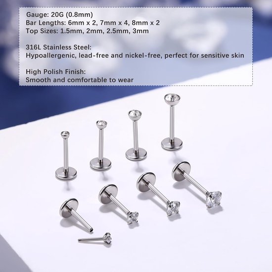 Studs Chirurgische Stalen Neus Piercings Hypoallergene Draadloze Push in Labret Medusa Lip Piercing Flat Back Kraakbeer Oorbellen Conch Tragus Helix Piercings Goud/Zilver — afbeelding 5