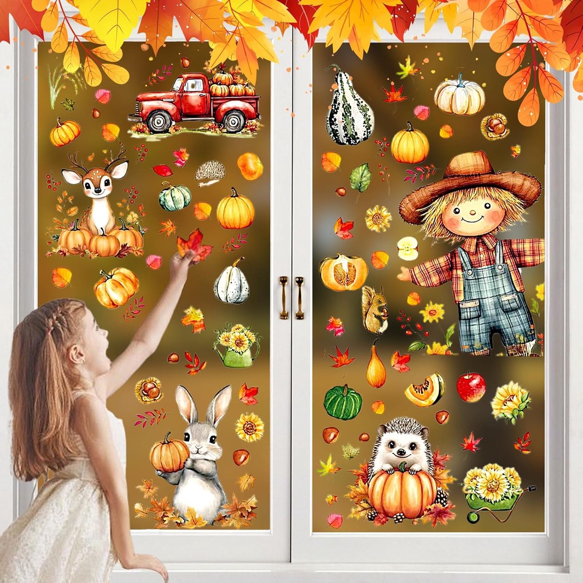 9 vellen raamafbeeldingen herfst, zelfklevend, 99 stuks, herfstdecoratie voor ramen, Thanksgiving, raamdecoratie, esdoornbladeren, pompoen, egel, herfstdecoratie voor kinderkamer en café