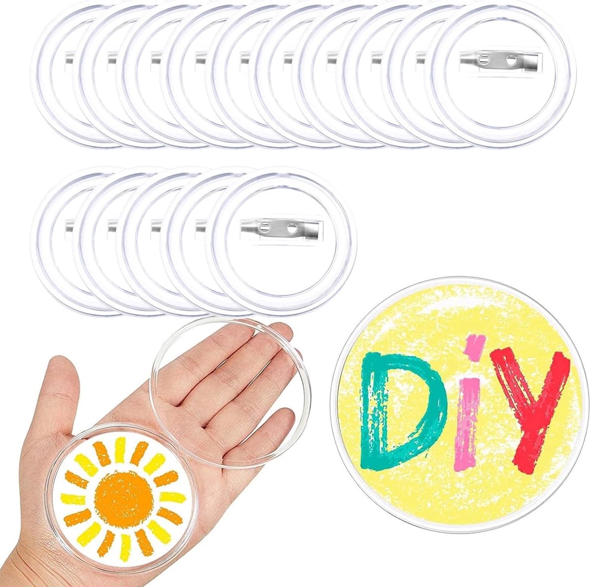 15 stuks zelf buttons maken, 75 mm steker, transparante doe-het-zelfset zonder buttonmachine, zelf vormgeven voor foto, afbeelding en kleding