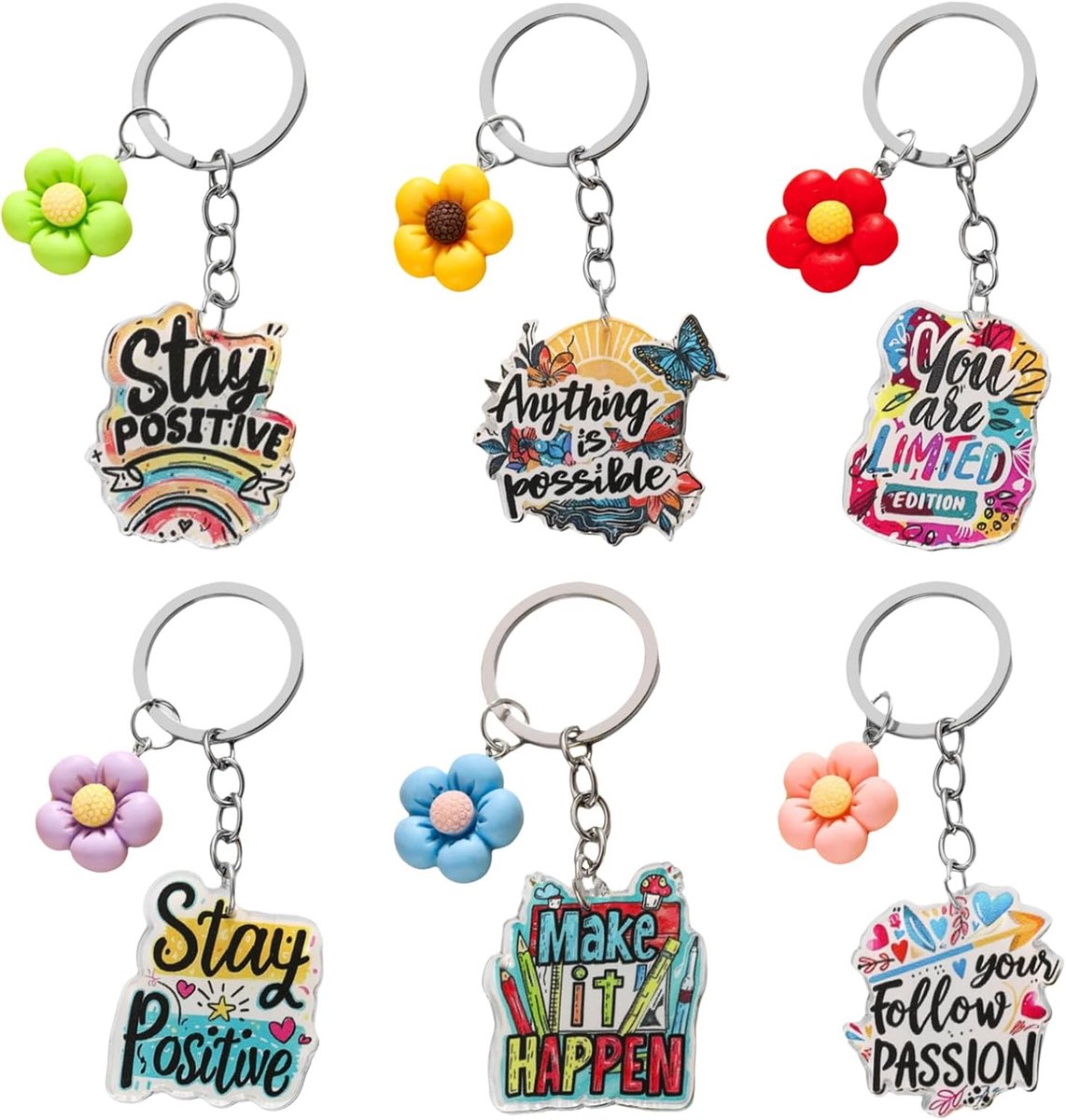 Sleutelhanger, 6 stuks acryl sleutelhanger met veelkleurige bloemenbedels, emotieondersteuning, positieve geschenken, inspirerende cadeaus voor vrouwen, beste vriend, zus, collega
