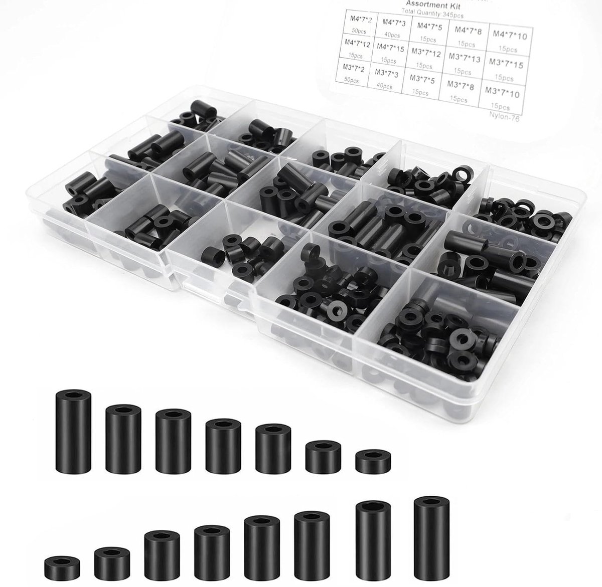 345 stuks afstandshulzen kunststof, afstandshulzen nylon M3 en M4