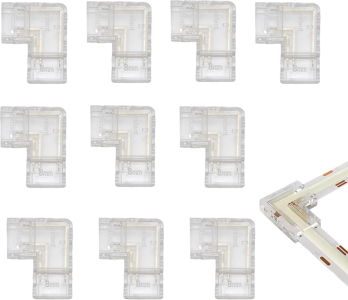 8 mm 3-pin 10 stuks transparante soldeerloze L-vormige COB LED-lampstripklemmen, 90° rechte hoekverbindingen voor dubbele kleur 5V/12V/24V LED-strips, geen soldeer nodig, veilige verbinding.