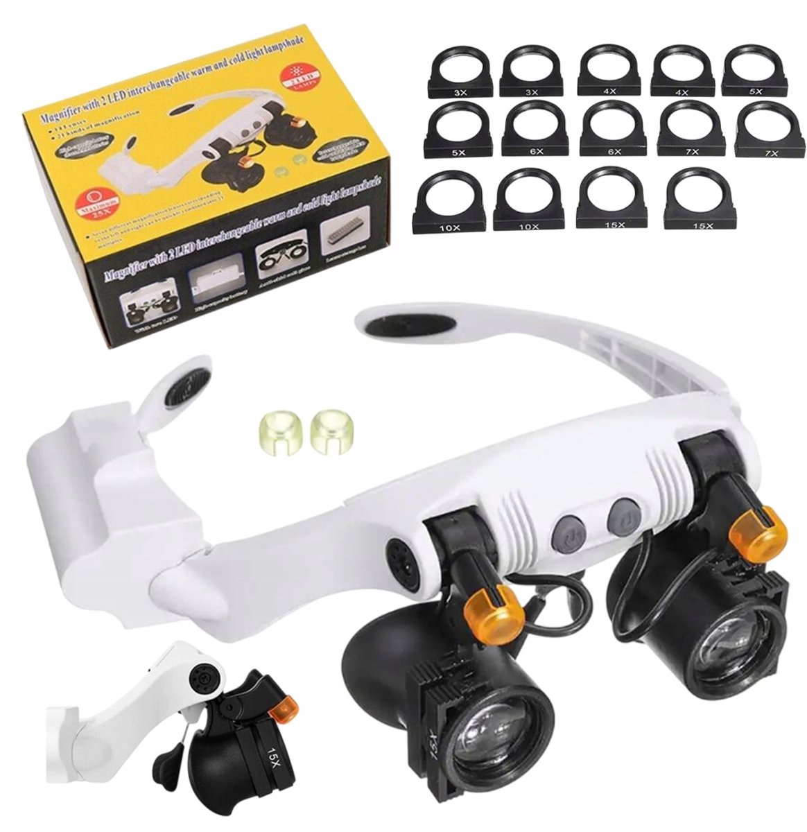 Loeplamp Hoofdband - Loep Bril - Hoofdloep - 14 Lenzen - 3-25x Combineerbaar - Dubbele LED - Verstelbare Hoek - AAA - Vergrootglas Hoofd - Voor Horloge & Sieraadreparatie - Zwart/Wit