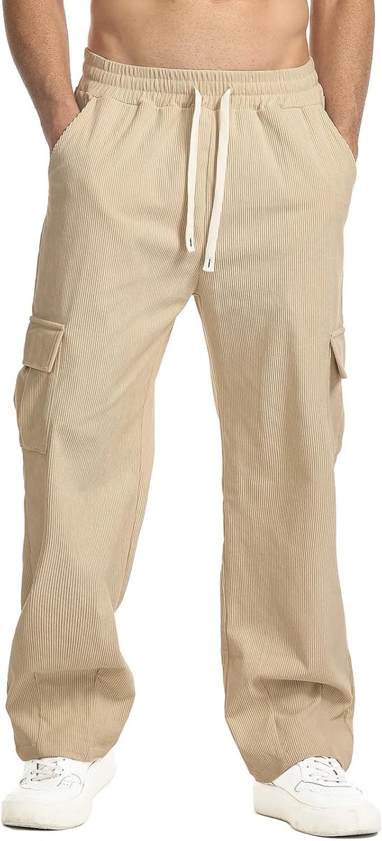 Heren corduroy cargobroek casual rechte corduroy broek trekkoord taille met meerdere zakken