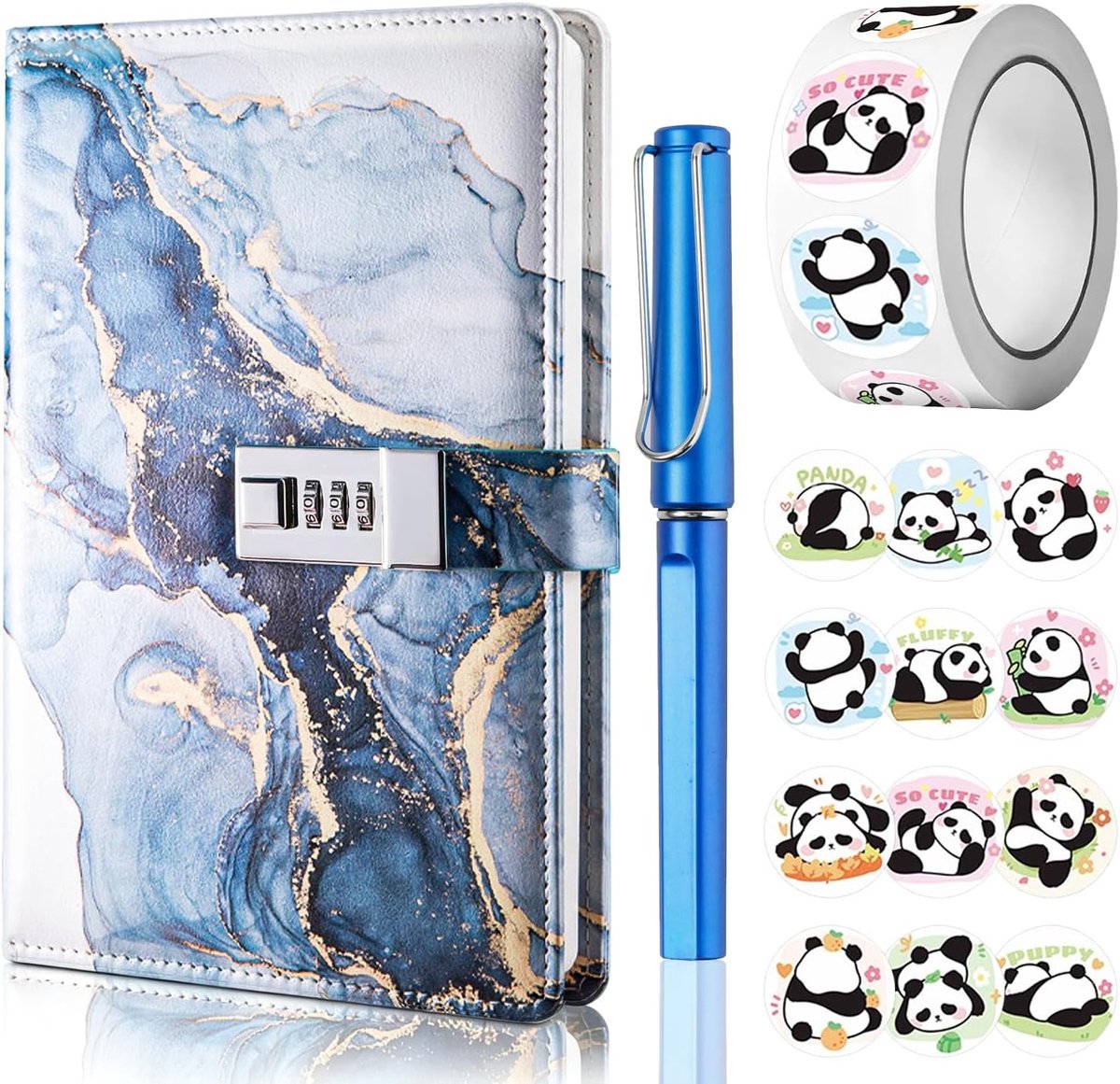 Dagboek met slot voor meisjes, A5-dagboek met code, het notitieboek met pen en grappige stickerset, PU-leer, notitieboek, (donkerblauw)